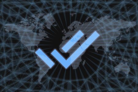 Verify (CRED) Abstract Cryptocurrency. With a dark background and a world map. Graphic concept for...