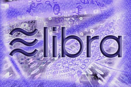 Cryptocurrency logo libra against blue backdrop of binary code with tunnels on a black background