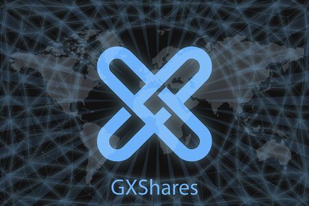 GXShares (GXS) Abstract Cryptocurrency. With a dark background and a world map. Graphic concept for...