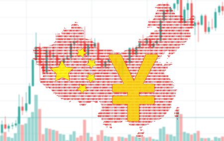 China map silhouette made of binary code against the background of the digital currency rate of China. China Digital Currency Concept.の写真素材
