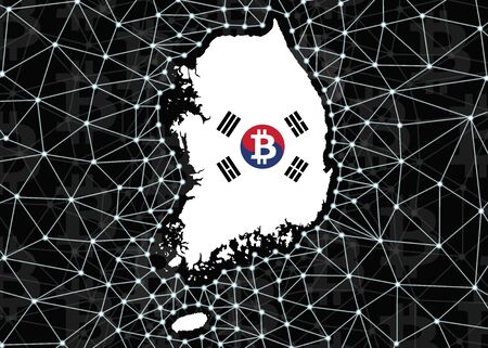 South Korea map silhouette, on black background with digital blockchain grid and bitcoin signs. South Korea Digital Currency Concept.の写真素材