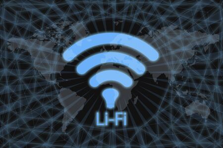 Neon Icon li-fi, With a dark background and a world map. Graphic concept for your design.の写真素材