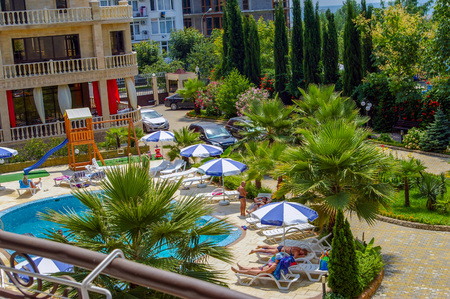 Top view of the hotel courtyard with poolのeditorial素材