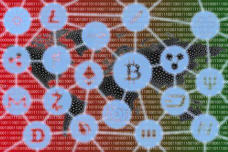 Cryptocurrency on the background of the mainland map with block chain and binary code