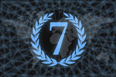 Number seven in a laurel wreath on a dark background with a world map.