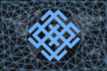 Slavic sign Belobog. Abstract illustration. With a dark background and a world map shrouded in a net. Graphic concept for your design.の写真素材