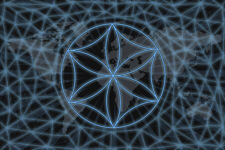 Slavic sign Flower of Life. Abstract illustration. With a dark background and a world map shrouded in a net. Graphic concept for your design.の写真素材