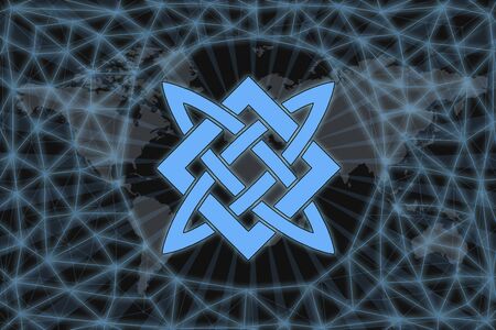 Slavic sign. Abstract illustration. With a dark background and a world map shrouded in a net. Graphic concept for your design.の写真素材