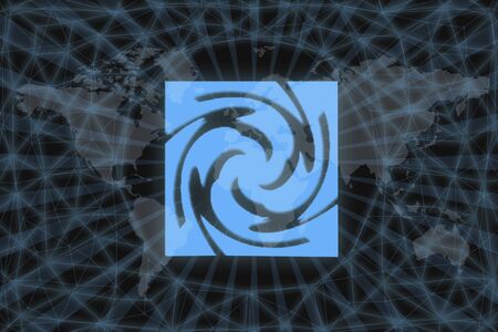 Slavic sign Znich. Abstract illustration. With a dark background and a world map shrouded in a net. Graphic concept for your design.の写真素材