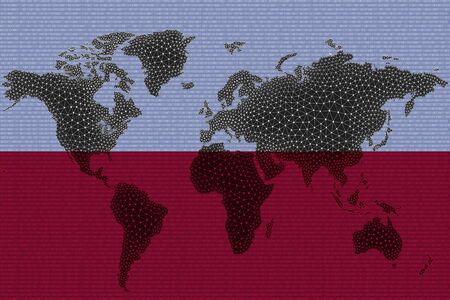 Blockchain world map on the background of the flag of Poland and cracks. Poland cryptocurrency concept.の写真素材