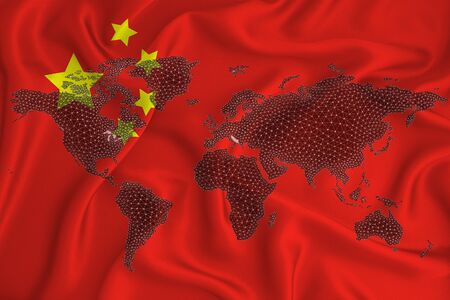 World map from blockchain network on the background of the flag of China. China blockchain concept.の写真素材