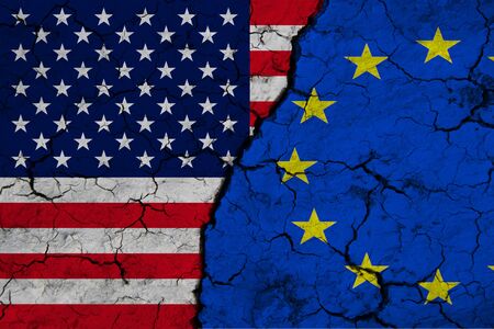 Close-up view of the flag of the European Union and the flag of the United States of America on a...