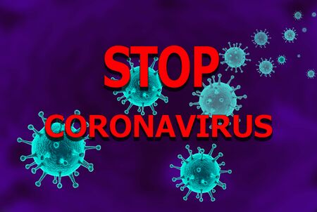The inscription stop coronavirus, with coronovirus viruses on the Violet blurred virus background....