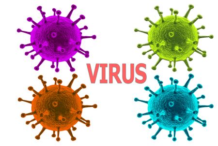 Four multi-colored viruses on a white background and the inscription "virus"の写真素材