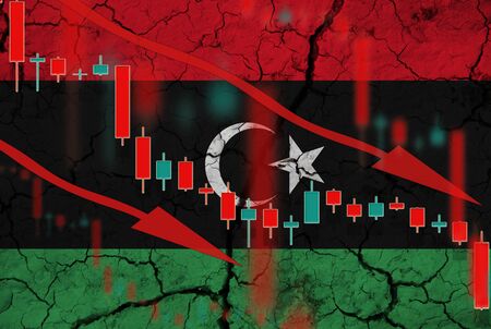 Libya flag, the fall of the currency against the background of the flag and stock price fluctuations. Crisis concept with falling stock prices of companies.の写真素材