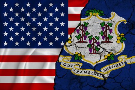 United States flag weaving texture with  flag of Connecticut on cracked ground, concept of state drought.の写真素材