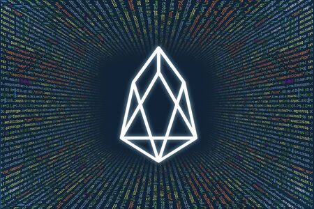 A tunnel from a computer program code. Programmer Strings of code, Javascript, CSS and PHP. Hacking coding concept. Source code for software. EOS cryptocurrency symbol.の写真素材