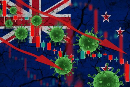 Flag of New Zealand, falling currency on background of flag and fluctuations in prices and viruses. Crisis concept with falling stock prices of companies against the backdrop of coronovirus pandemic.の写真素材