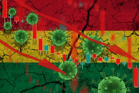 Flag of Bolivia, falling currency on background of flag and fluctuations in prices and viruses. Crisis concept with falling stock prices of companies against the backdrop of coronovirus pandemic.の写真素材
