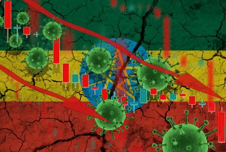 Flag of ethiopia, falling currency on background of flag and fluctuations in prices and viruses. Crisis concept with falling stock prices of companies against the backdrop of coronovirus pandemic.の写真素材