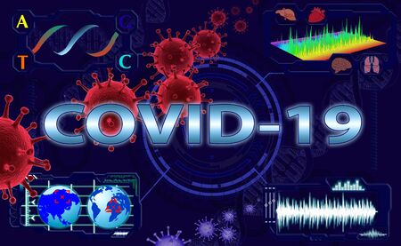 Futuristic screen for Coronavirus or Covid-19 assays in the laboratory. Diagnostic verification of coronavirus test results. Concept of medical technology and outbreak controlの写真素材