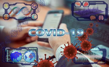 The doctor of medicine examines and tests the tests for coronavirus or Covid-19 with a virtual screen in the laboratory. Diagnostic verification of coronavirus test results.の写真素材
