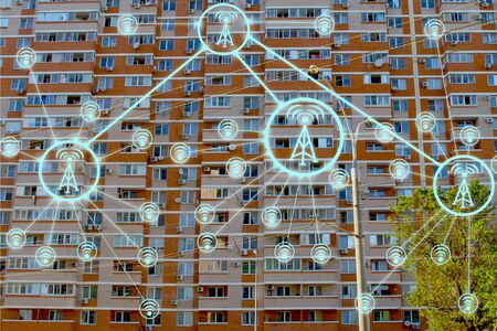 IOT, Internet smart city and network connect WiFi access points. Background and WiFi icons on the...