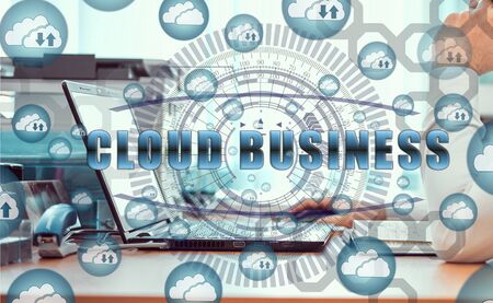 Cloud storage icons flying from the center. Hands of a businessman using a laptop with a smartphone...