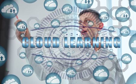Cloud storage icons flying from the center. Hands of a businessman using a laptop with a smartphone...