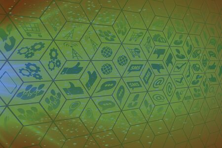 Web icons, social icons on a green background in a cubic frame are flowing. Telecommunications and...