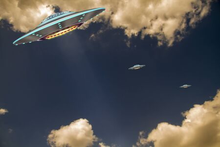 A metal and silver UFO invasion of planet Earth, a group of spaceships fly in the sky. 3D rendering