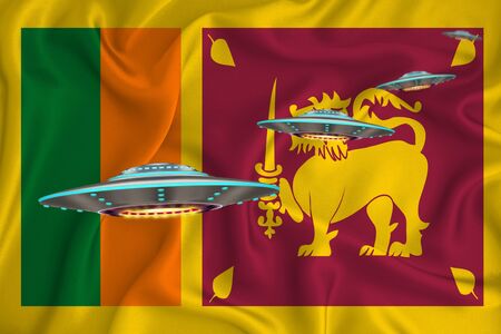 Waving flag of Sri Lanka. UFO group on the background of the flag. UFO news concept in the country. 3D renderingの写真素材