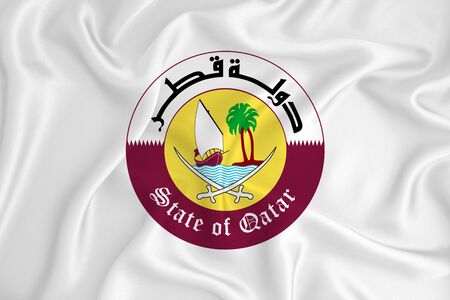 A developing white flag with the coat of arms of Qatar. Country symbol. Illustration. Original and simple coat of arms in official colors and the right proportionの写真素材