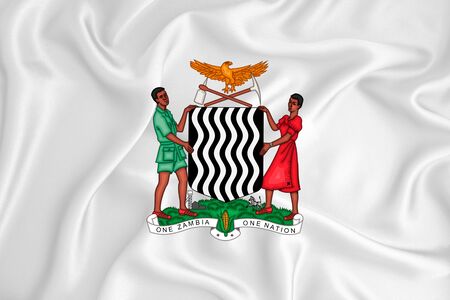A developing white flag with the coat of arms of Zambia. Country symbol. Illustration. Original and simple coat of arms in official colors and the right proportionの写真素材