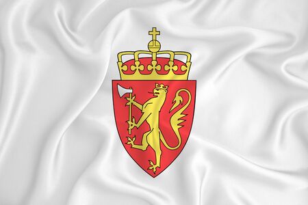 A developing white flag with the coat of arms of Norway. Country symbol. Illustration. Original and simple coat of arms in official colors and the right proportionの写真素材