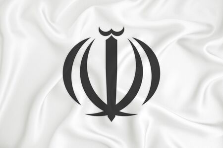 A developing white flag with the coat of arms of Iran. Country symbol. Illustration. Original and simple coat of arms in official colors and the right proportionの写真素材