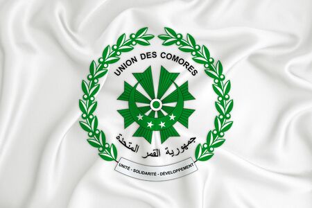 A developing white flag with the coat of arms of Comoros. Country symbol. Illustration. Original and...