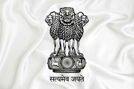 A developing white flag with the coat of arms of India. Country symbol. Illustration. Original and simple coat of arms in official colors and the right proportionのeditorial素材
