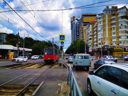 Russia, Krasnodar - June 03.2020: Beautiful view of the building with a blue sky in the city of Krasnodarのeditorial素材