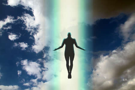 The dark silhouette of the soul of a deceased person ascends to heaven against a background of clouds. Afterlife, the concept of the immortality of the soul. 3D renderingの写真素材