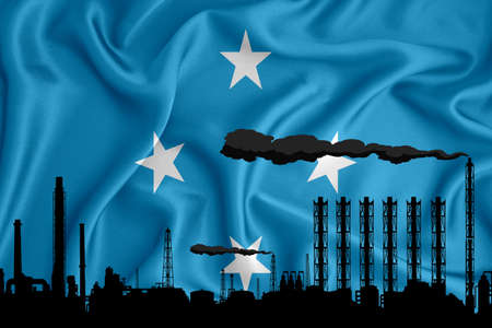 Micronesia flag, background with space for your logo - industrial 3D illustration .Silhouette of a chemical plant, oil refining, gas, energy icons. heavy industry.の写真素材