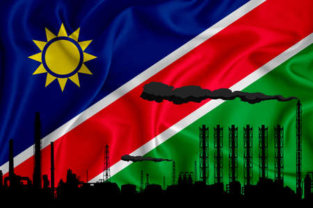 Namibia flag, background with space for your logo - industrial 3D illustration .Silhouette of a chemical plant, oil refining, gas, energy icons. heavy industry.の写真素材