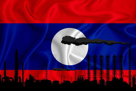 Laos flag, background with space for your logo - industrial 3D illustration .Silhouette of a chemical plant, oil refining, gas, energy icons. heavy industry.の写真素材