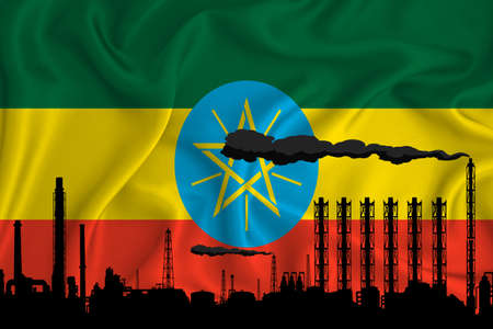 ethiopia flag, background with space for your logo - industrial 3D illustration .Silhouette of a chemical plant, oil refining, gas, energy icons. heavy industry.の写真素材
