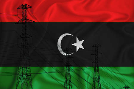 Libya flag in the background Conceptual illustration and silhouette of a high voltage power line in the foreground a symbol of the upcoming energy crisis. 3d renderingの写真素材