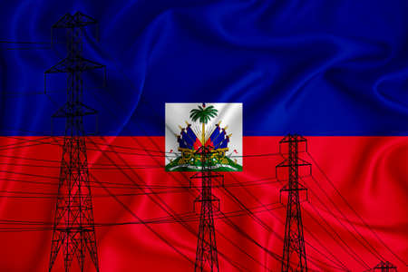 haiti flag in the background Conceptual illustration and silhouette of a high voltage power line in the foreground a symbol of the upcoming energy crisis. 3d renderingの写真素材
