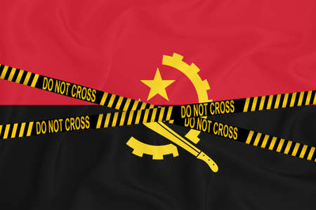 Angola flag, the Don't Cross the Line mark and the location tape. Crime concept, police investigation, quarantine. 3d renderingの写真素材