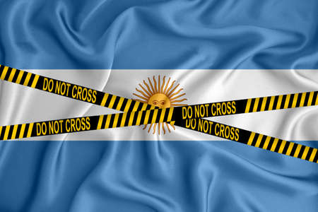 Argentina flag, the Don't Cross the Line mark and the location tape. Crime concept, police investigation, quarantine. 3d renderingの写真素材