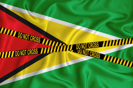 GUYANA flag, the Don't Cross the Line mark and the location tape. Crime concept, police investigation, quarantine. 3d renderingの写真素材