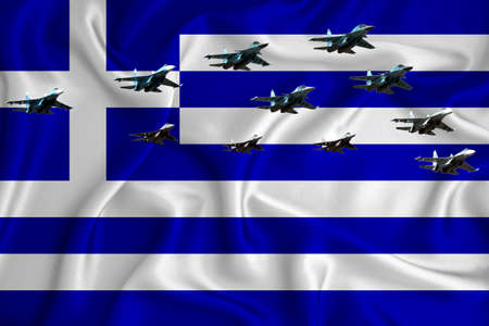 Greece flag, background with space for your logo - military 3D illustration. Air parade, military air show, air parade of military aviation. 3D renderingの写真素材